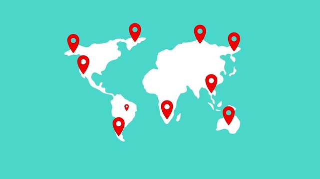 World map with red location pins on a blue background, global business and travel concept vector illustration
