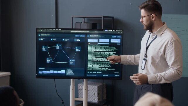 Zoom out shot of diverse tech specialists listening to male Caucasian network engineer standing by monitor with programming codes and statistics during presentation in control center