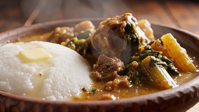 Delicious Traditional Ugali and Beef Stew Served in a Rustic Bowl.