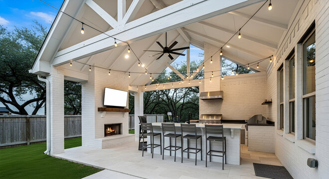 Outdoor kitchen, patio, and dining area with covered seating, modern backyard design