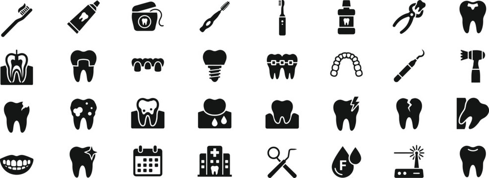 Dental care glyph icon set. Premium dentistry and oral hygiene solid symbols for clinic website, stomatology, tooth treatment, orthodontics, and dental tools.