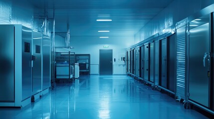 Fototapeta premium Cleanroom facility featuring gleaming stainless steel refrigerators and freezers lining a wide, brightly lit hallway, creating an environment for scientific research and controlled processes