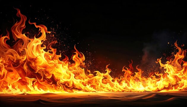 Intense depiction of fiery flames engulfing a surface, with glowing embers and dark backdrop