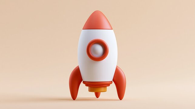 A stylized white and red rocket with a circular window and red fins stands ready for launch on a soft beige backdrop.