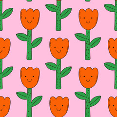 Fototapeta premium Seamless vector pattern with hand-drawn funny illustration of cute flower. Quirky weird tulips on pink background. Y2k colourful plant wallpaper