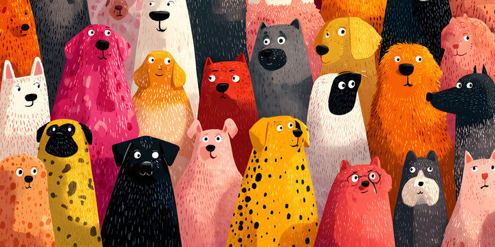 A funny cartoon seamless pattern with dogs and animals in a flat illustration style. Cute puppy pet group background with diverse domestic dog breed wallpaper.