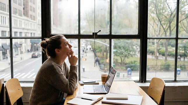 Thoughtful Young Professional Contemplating Career Goals While Working Remotely at a Sunny Urban Cafe Office Desk