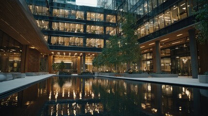 Naklejka premium Modern office building featuring a serene courtyard and reflecting pool, capturing the warm glow of interior lights in the still water at dusk, creating a calm urban atmosphere