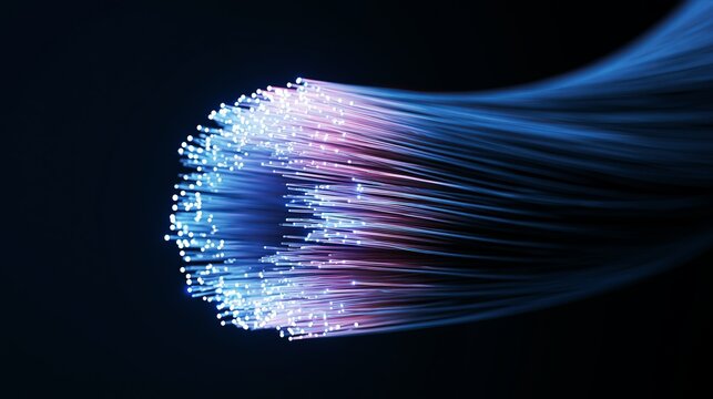 A tightly packed bundle of thin, translucent fibers glows with intense blue and purple light, casting a subtle glow on the dark background.