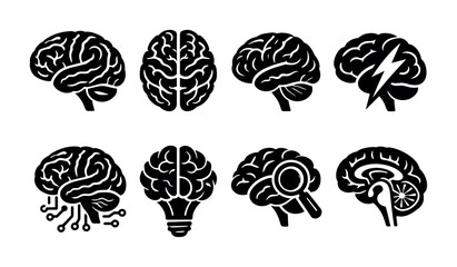 Collection of stylized human brain icons representing various concepts and ideas © UnIcons