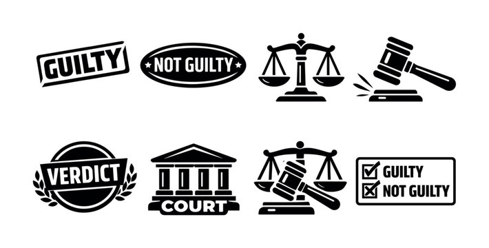 Collection of legal icons representing justice, court decisions, and verdicts