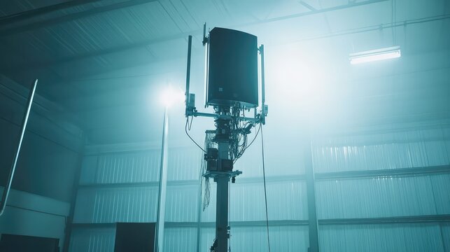 Telecommunication equipment standing in a misty industrial setting, highlighting advanced wireless technology for future connectivity and high speed data transmission