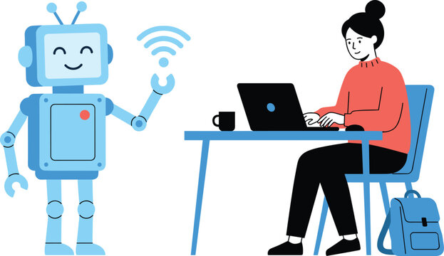 Artificial Intelligence Chatbot Assistant Helping Freelance Woman Working on Laptop at Desk for Tech Support Automation and Digital Office Concepts Vector