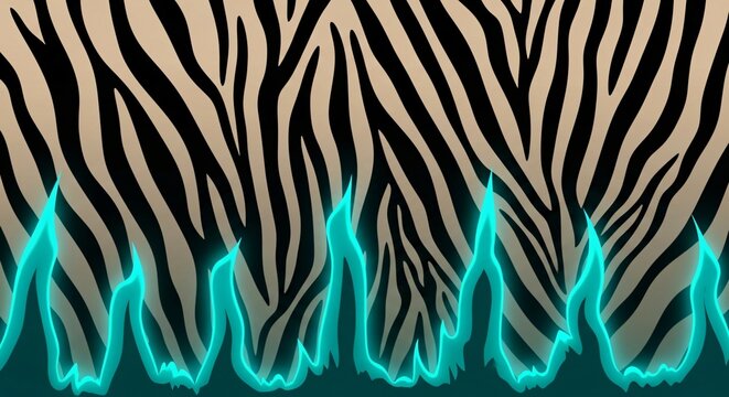 Neon blue flames lick the iconic black and beige zebra stripe pattern in this abstract graphic design