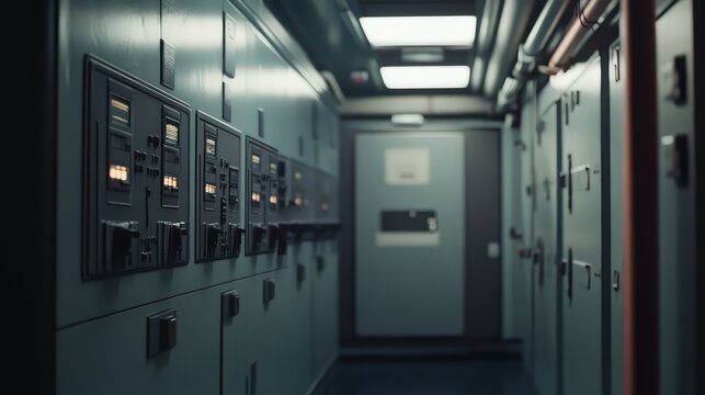 Rows of electrical panels featuring illuminated screens and numerous switches lining a corridor, leading to a closed door in a functional machine space