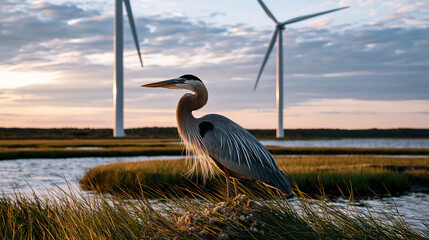Obraz premium Wind turbine farm rising from coastal marshland, a great blue heron colony nesting in the marsh grasses directly beneath the spinning blades in golden solstice light, perfect for renewable energy, w