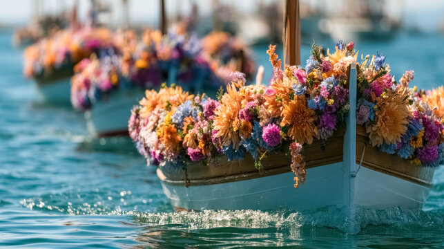 Traditional flower-decorated boats sailing during Virgin del Carmen maritime procession, colorful floral arrangements, peaceful coastal celebration