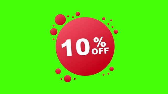 Animated discount offer 10 off on green background with red bubbles