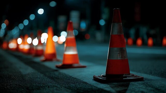 Bright orange traffic cones lined on road at night, construction safety and traffic direction scene