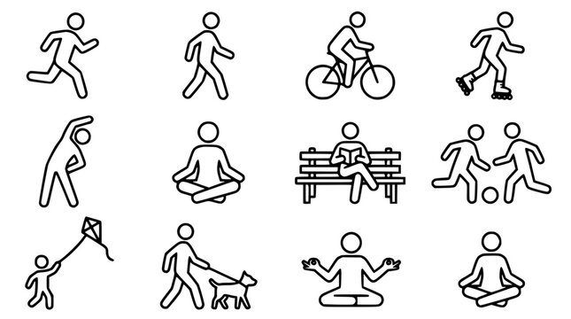 Stick figures engaging in various leisure activities and exercises