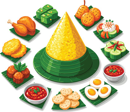 Traditional Indonesian Nasi Tumpeng Yellow Rice Cone with Various Side Dishes Illustration