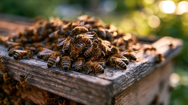 Dense cluster of honeybees coating the surface of a handcrafted wooden hive box at golden hour, amber light illuminating each wing with extraordinary clarity against a soft garden blur, ideal for po