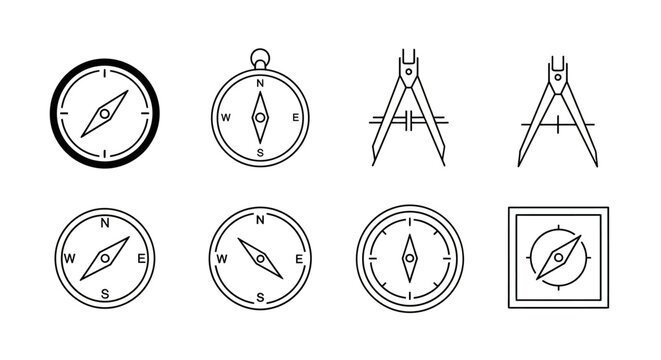 Set of minimalist compass and drafting divider icons for navigation
