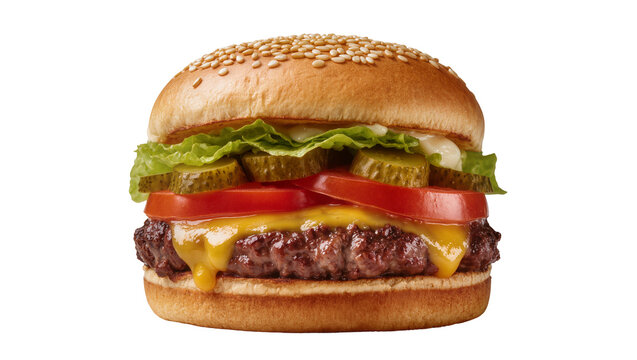 Isolated classic cheeseburger with fresh ingredients and sesame seed bun, stacked and ready to eat