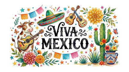 Obraz premium Viva mexico celebration design with a cute cow playing guitar, sombrero, and festive floral decorations