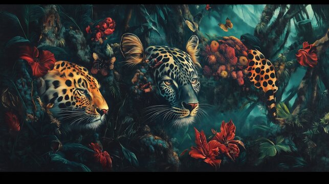 暗いジャングルに潜む二頭のヒョウ。鮮やかな花と蝶。神秘的な野生動物の絵画