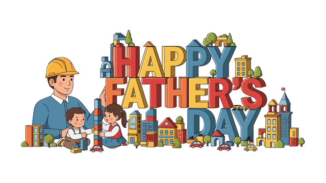 Joyful Father's Day Celebration: A heartwarming scene unfolds as a father and his children joyfully celebrate Father's Day, surrounded by vibrant illustrations of a cityscape.