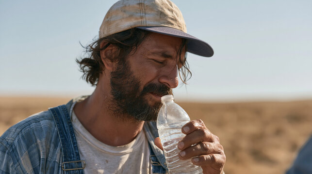 Heat-exhausted agricultural worker receives oral rehydration treatment from mobile medical unit staff member in dusty July field, farmworker occupational health crisis and summer heat illness respon