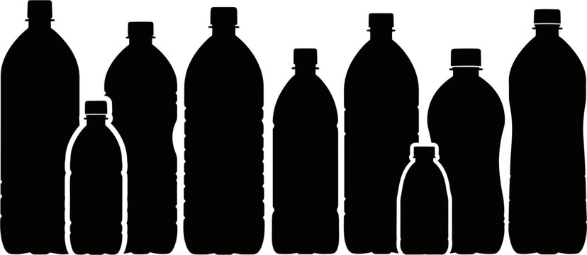 Silhouettes of various plastic bottles in different sizes and shapes, arranged in a row.
