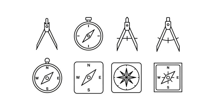 Set of minimalist compass and drafting divider icons, travel concept