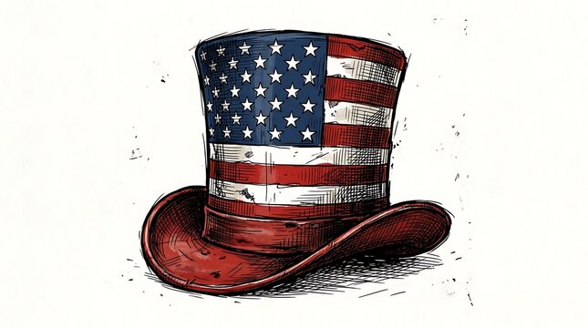 Vintage style uncle sam top hat with american flag pattern isolated on white background