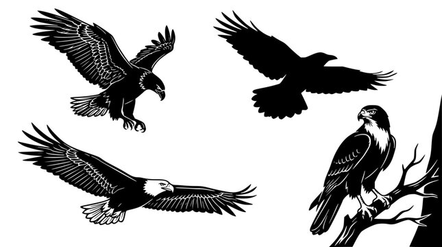 Four black and white eagles in different flying positions illustration
