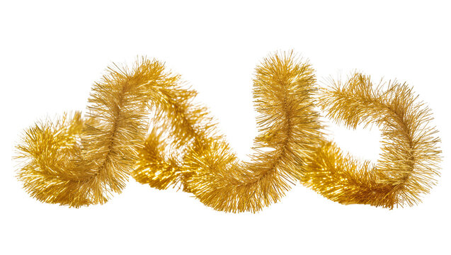 Isolated bright metallic golden tinsel garland festive holiday season celebration element.