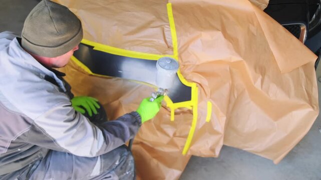 Auto body repair technician applying primer coat with spray gun on masked front bumper during vehicle paint preparation and automotive refinishing process. Primer application process