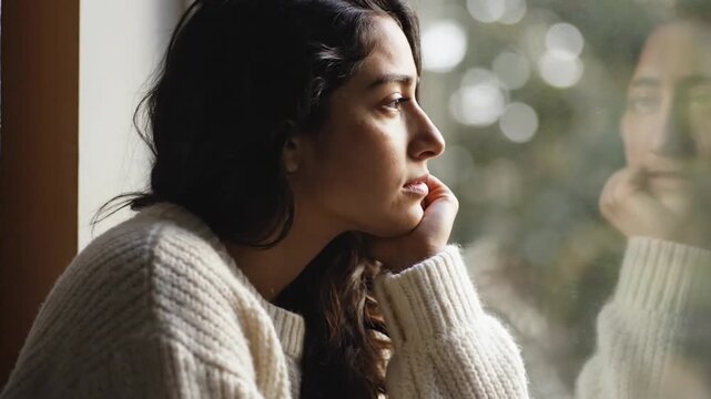 Thoughtful young woman looking out window in soft light