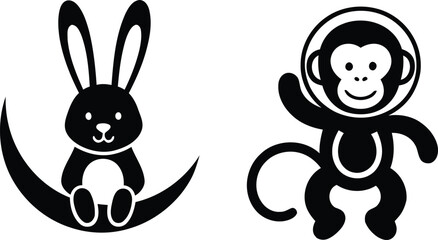Cute black and white vector illustration of a rabbit sitting on a moon and a monkey wearing an astronaut helmet. © MSTRAKIBA