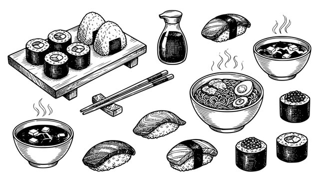 Various sushi and ramen dishes with chopsticks and soy sauce