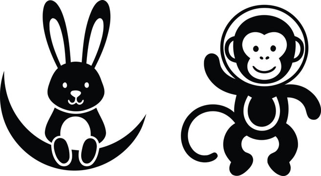 Cute black and white vector illustration of a rabbit sitting on a moon and a monkey wearing an astronaut helmet.