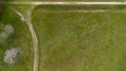 Fototapeta premium Top down aerial view of a green meadow with a dirt path intersection and a lonely bench. Minimalist rural landscape captured from above, showcasing texture, geometry, and peaceful countryside.