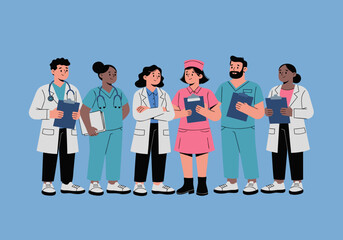 Obraz premium A flat vector illustration of a diverse healthcare team featuring six medical professionals standing together. The group includes doctors in white lab coats, nurses in teal scrubs and a pink uniform.