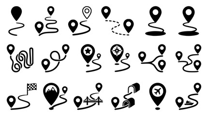 Obraz premium Black and white map pin icons with various symbols and paths