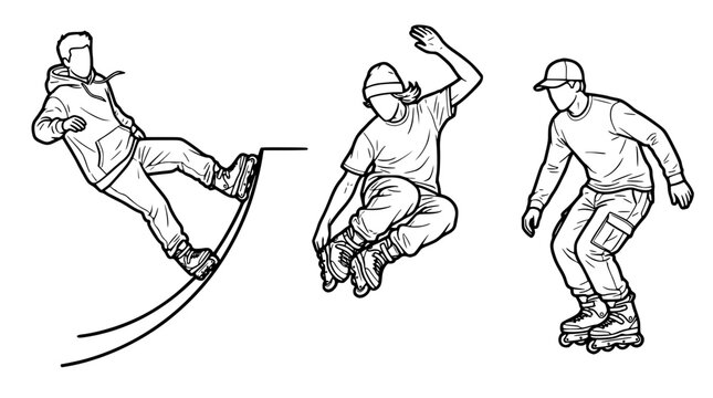 Men performing tricks on rollerblades in different poses and actions