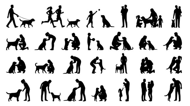 Silhouette illustrations of people and their dogs in various poses
