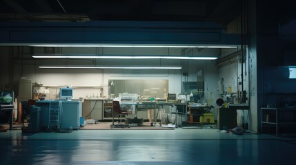 Fototapeta premium Empty scientific laboratory interior with various research equipment and functional workspace, suggesting ongoing or recent chemical and biological experimentation