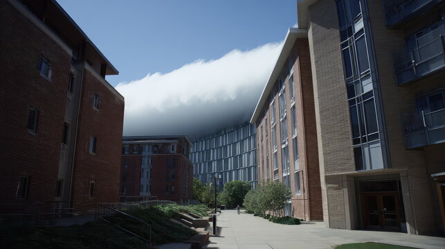 Shelf cloud rolls over modern university buildings and walkways, dramatic arcus shelf forming under cumulonimbus clouds above campus architecture and green spaces