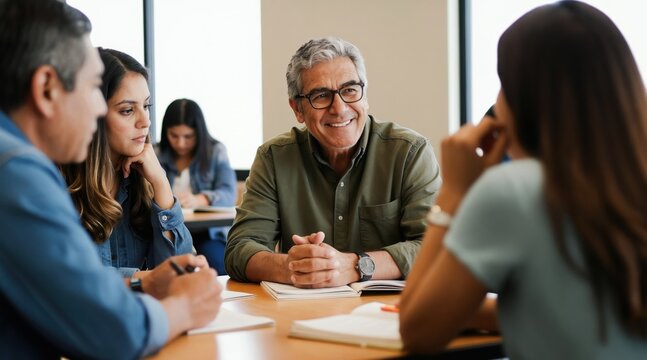 Adult students listen and talk during classroom lesson. Diverse people learn together in study group. Instructor smiles at class, shares knowledge. Diverse learners engaged in education.